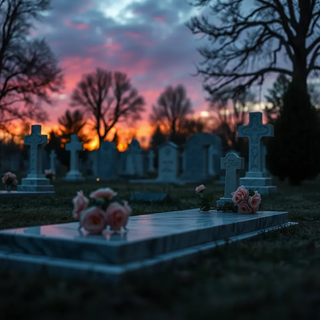 Pierres tombales et fleurs coupées dans un cimetière au coucher du soleil.
